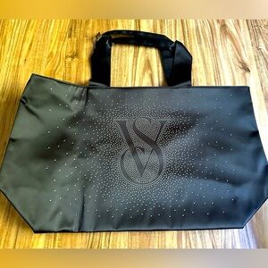 NWT Victoria's Secret Black Satin Bling Tote Bag | Silver Sparkle Logo
